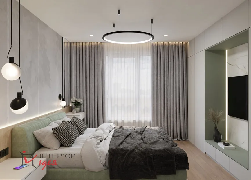 Сучасний контемпорарі стиль в спальні 15 м2
