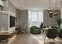 Кухня-вітальня з фісташковими акцентами. Дизайн КУХНІ-СТУДІЇ