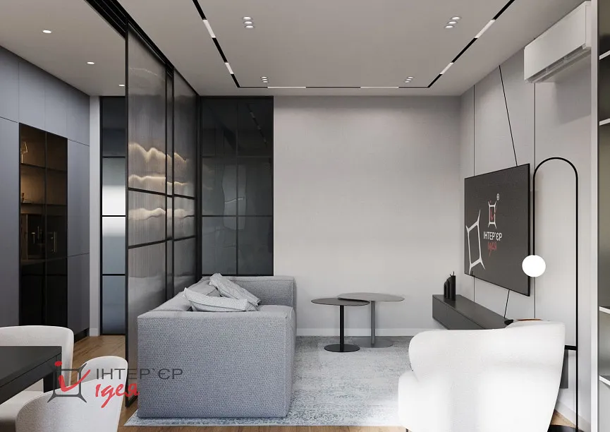 Сучасний мінімалізм в кухні-студії 28 м2,з балконом