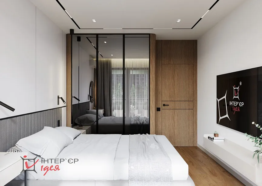 Сучасний мінімалізм в спальні 14 м2 з терасою