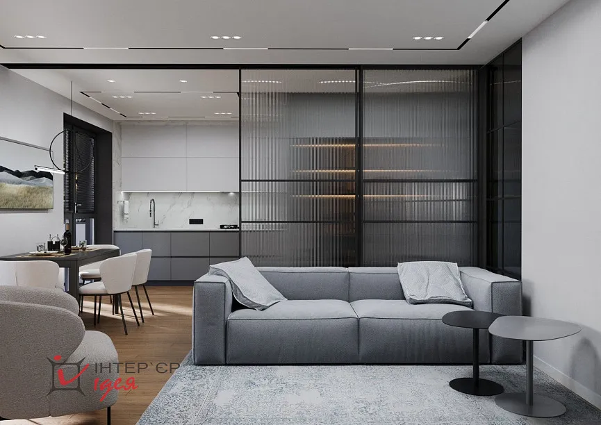 Сучасний мінімалізм в кухні-студії 28 м2,з балконом