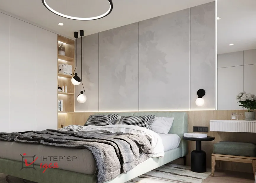 Сучасний контемпорарі стиль в спальні 15 м2